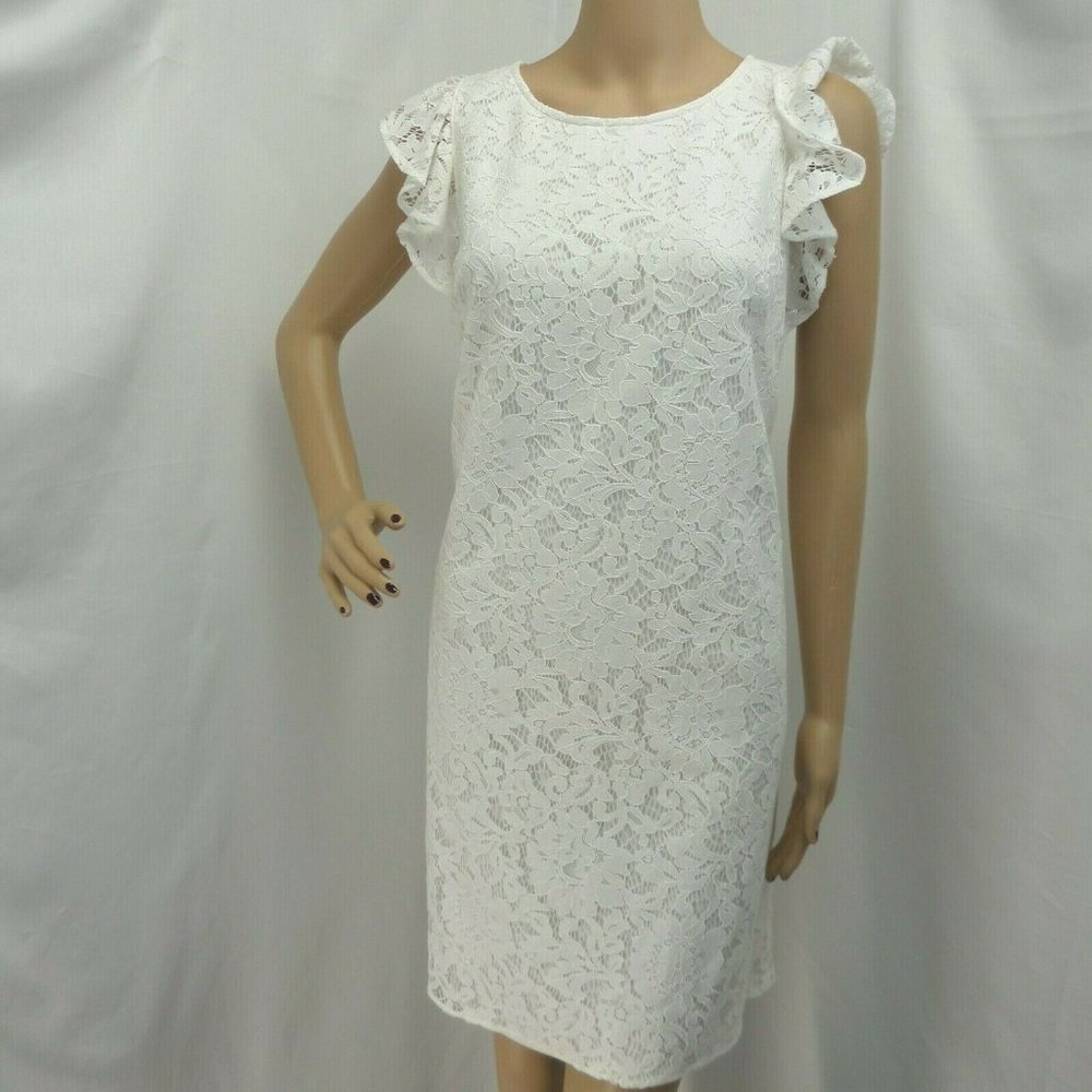 "WHITE HOUSE BLACK MARKET" WHITE LACE FLUTTER SLEEVE SHIFT DRESS SIZE: 6 NWT